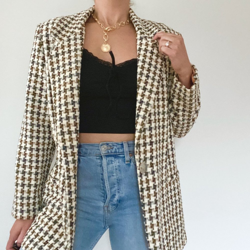 80s Tweed Houndstooth Blazer Style Coat - Picture 5 of 9